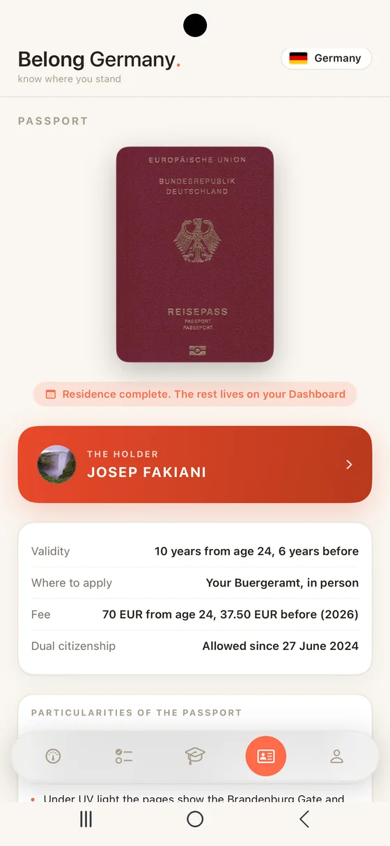Belong Germany Passport tab on Android with the German passport cover and the holder's name