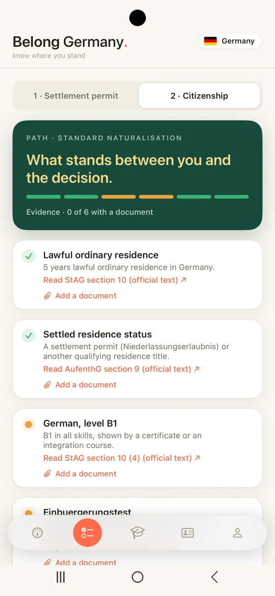 Belong Germany Path tab on Android with the two stages, the settlement permit and citizenship, and every requirement for the standard naturalisation route