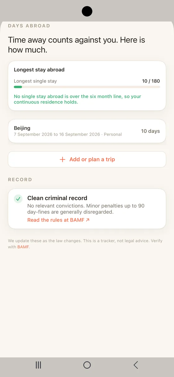 Belong Germany Standing tab on Android measuring the longest stay abroad against the six month line