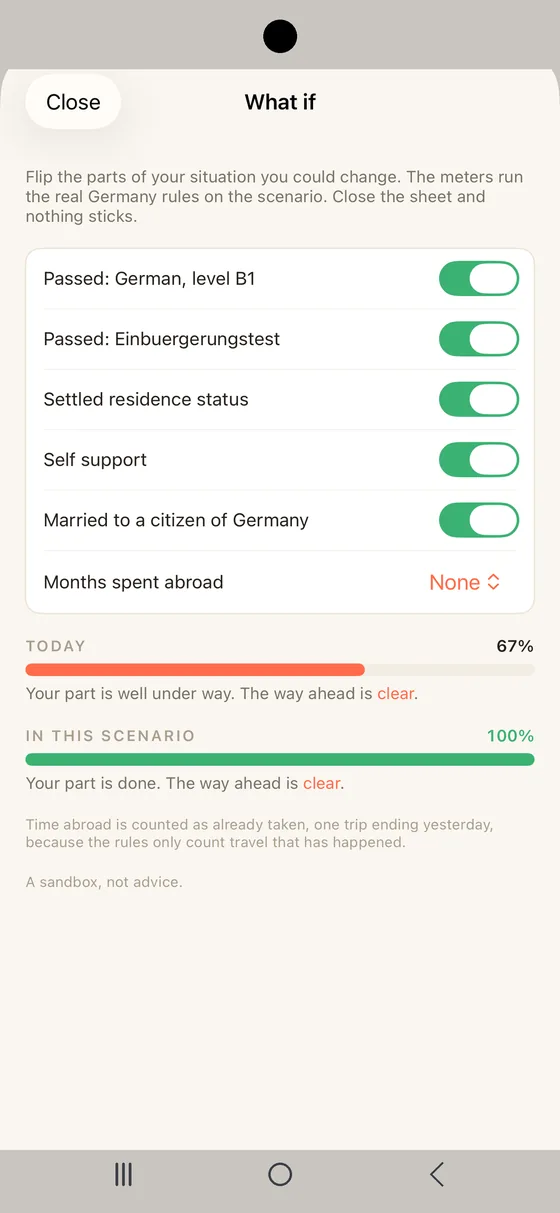 Belong Germany What if sheet on Android running a scenario