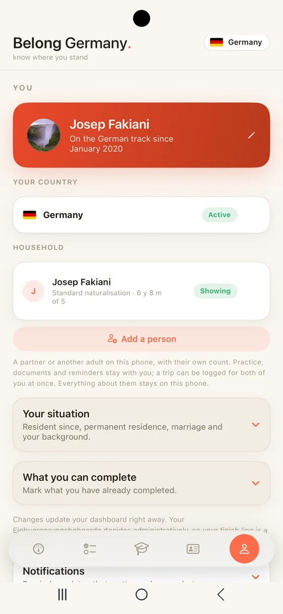 Belong Germany You tab on Android with the Household section: a second person on the same phone