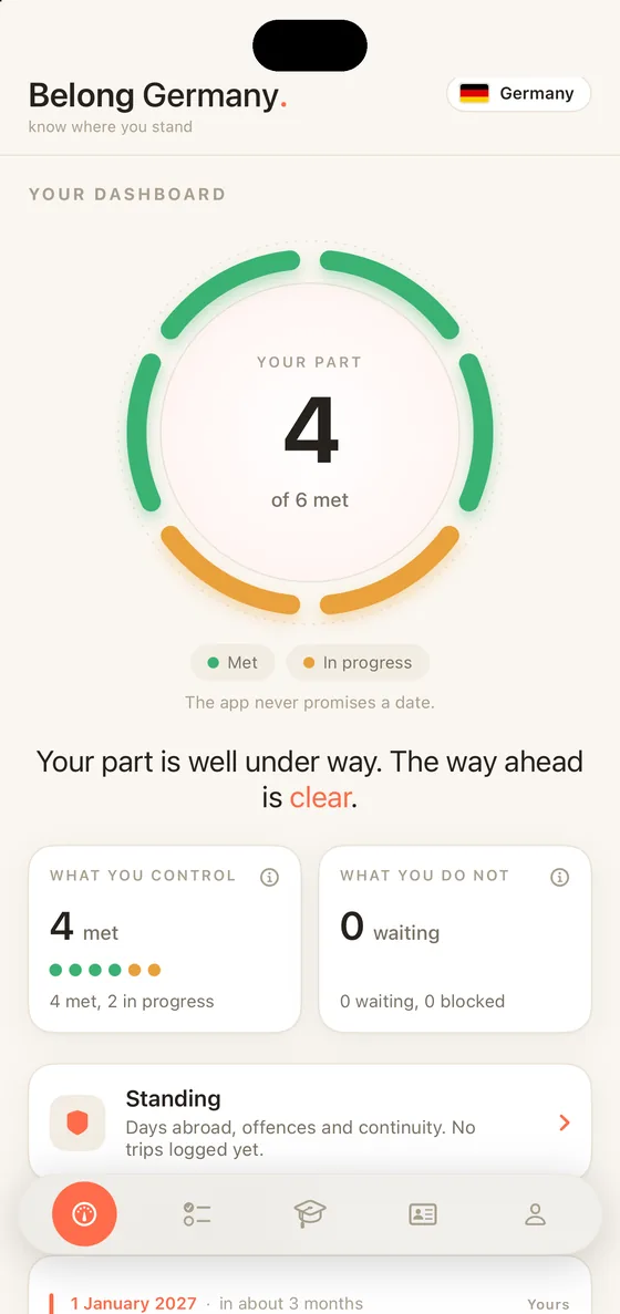 Belong Germany on iPhone: the Dashboard with the progress ring