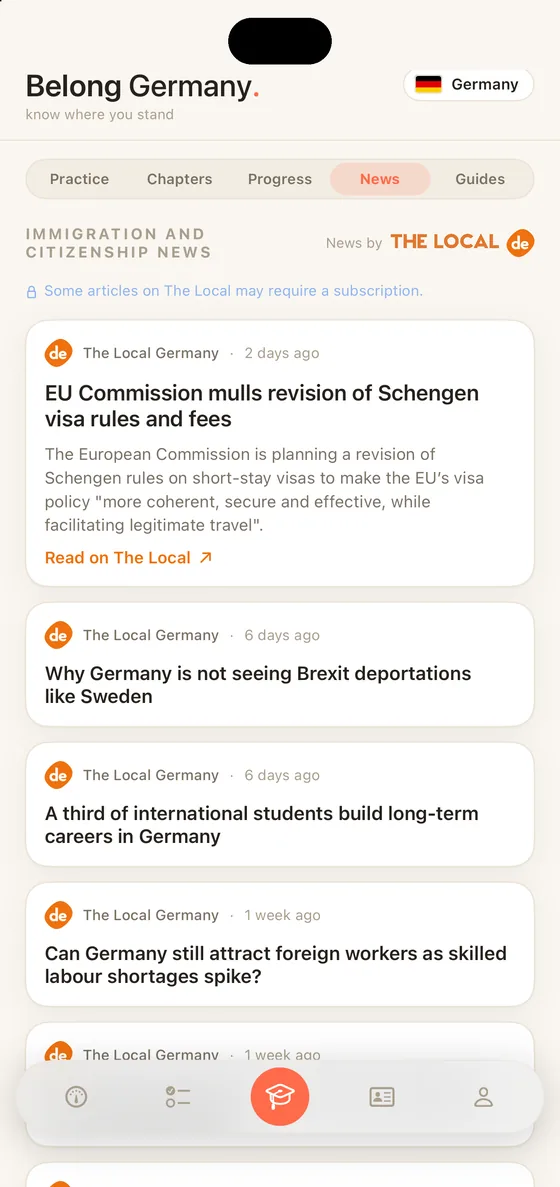 Belong Germany News segment on iPhone with immigration and citizenship stories from The Local Germany