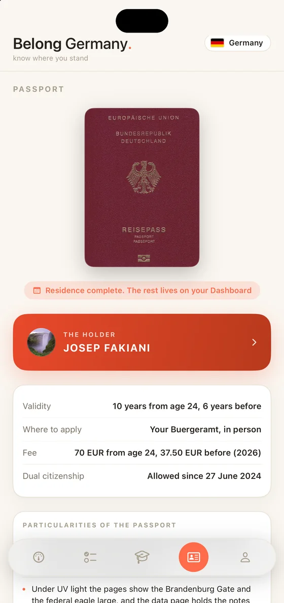 Belong Germany Passport tab on iPhone with the German passport cover and the holder's name