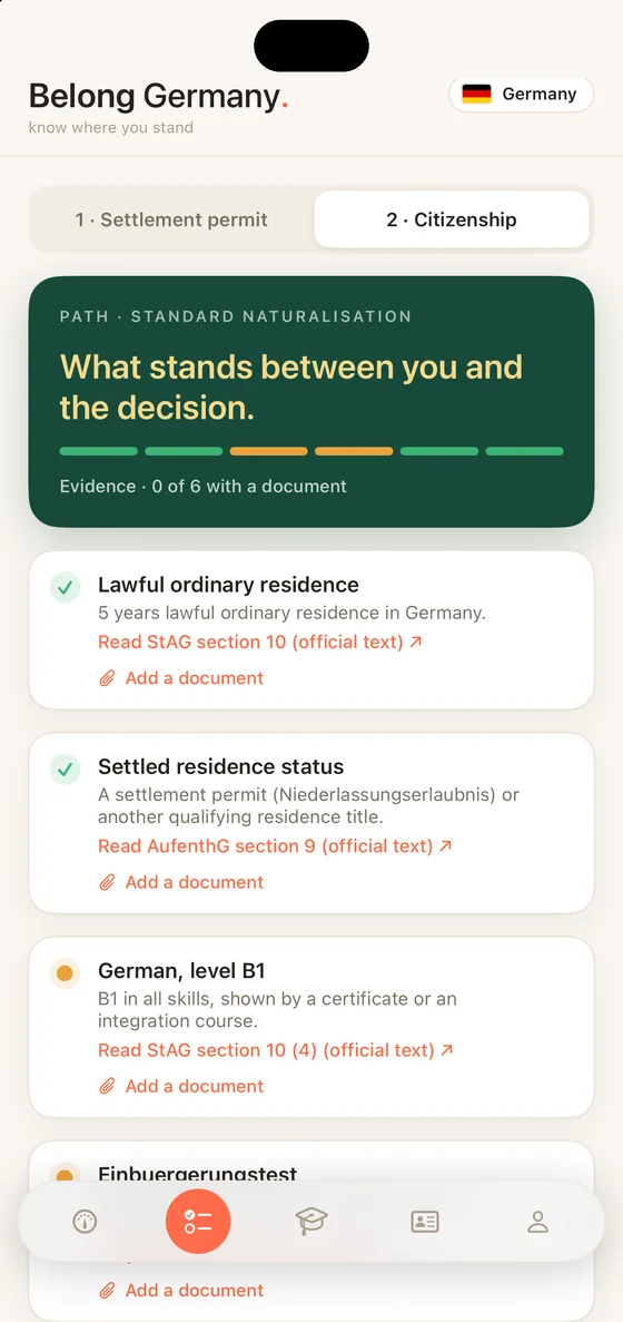 Belong Germany Path tab on iPhone with the two stages, the settlement permit and citizenship, and every requirement for the standard naturalisation route