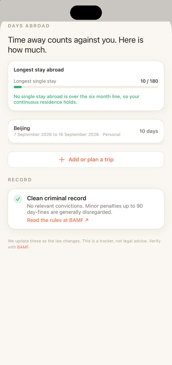 Belong Germany Standing tab on iPhone measuring the longest stay abroad against the six month line