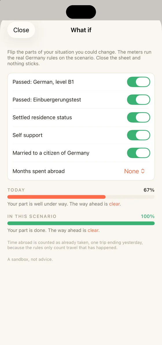 Belong Germany What if sheet on iPhone running a scenario