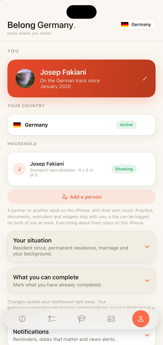 Belong Germany You tab on iPhone with the Household section: a second person on the same phone